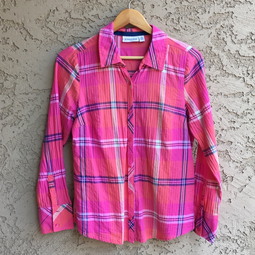 Cute Plaid Button Down Long Sleeve Shirt Pink Blue